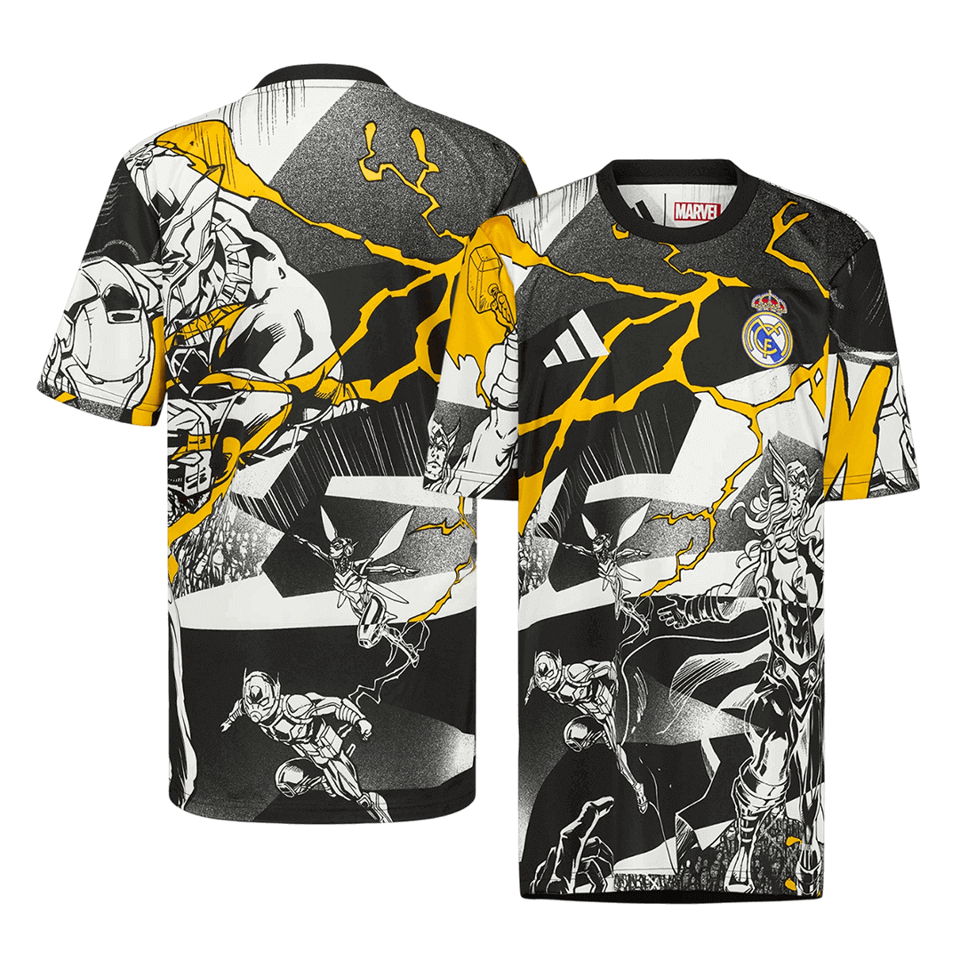 Heren Real Madrid X Marvel Voetbalshirt 2025/26 Zwart-wit - detail